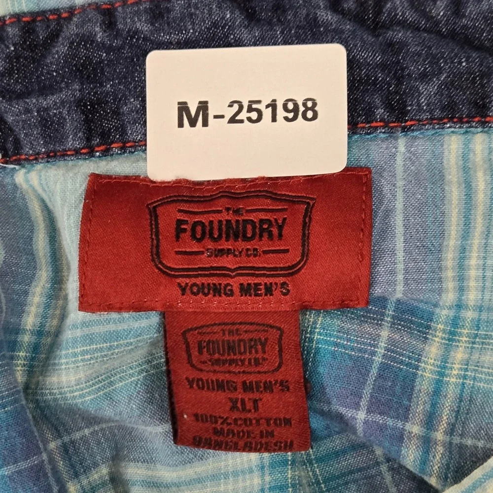 The Foundry Supply Co. Men Button Up Shirt XLT Blue Plaid Western Pearl Snap